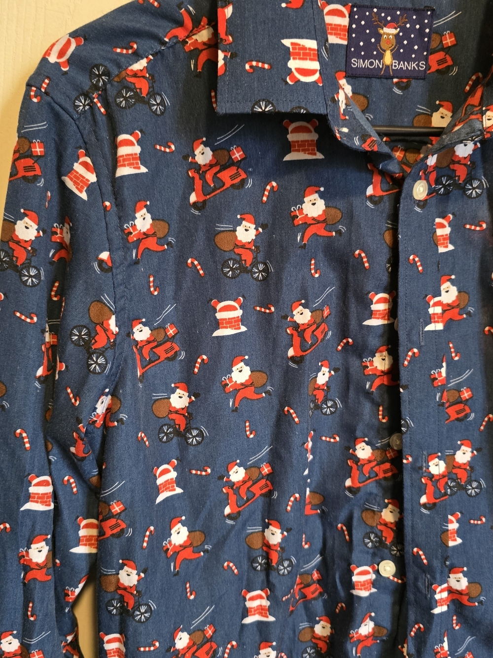 Women's Christmas Navy Button-Down Shirt with Red Santa Print